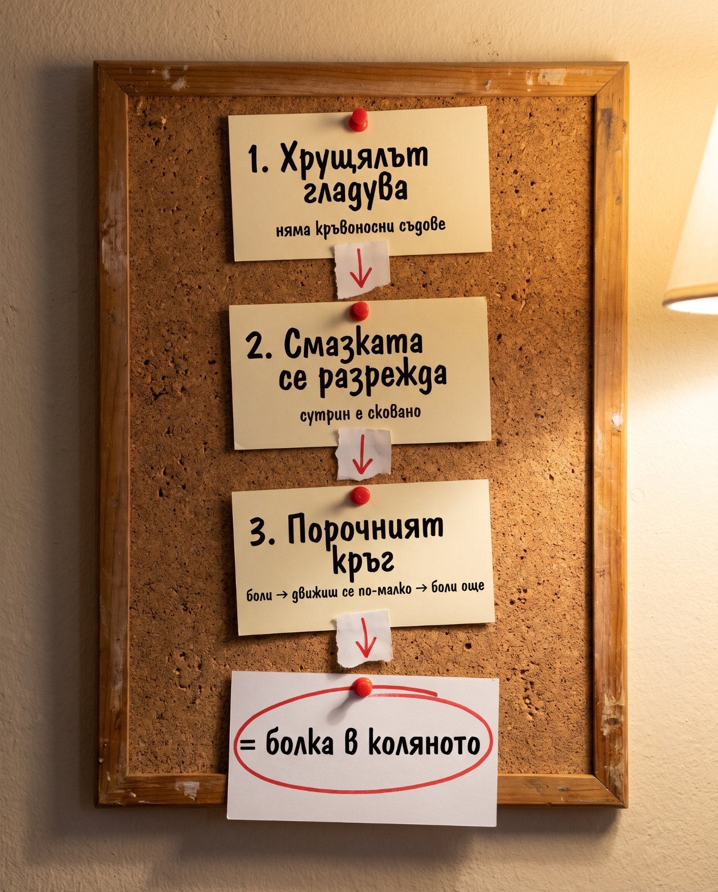 Корково табло с три картончета: трите причини за болката в коляното
